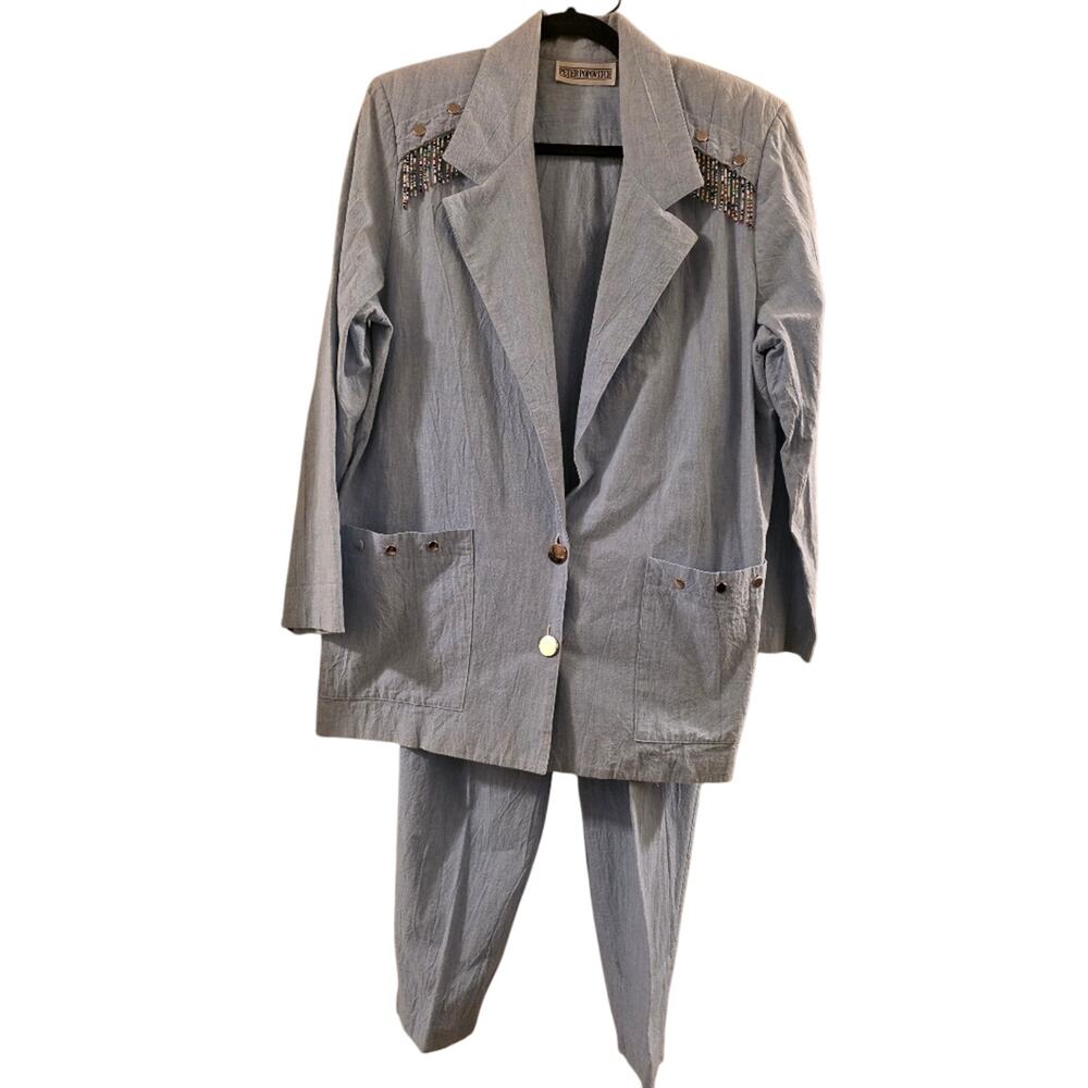 Vtg 80s Light Denim Two Piece Beaded Suit Blazer Jacket Slacks Retro XL Western